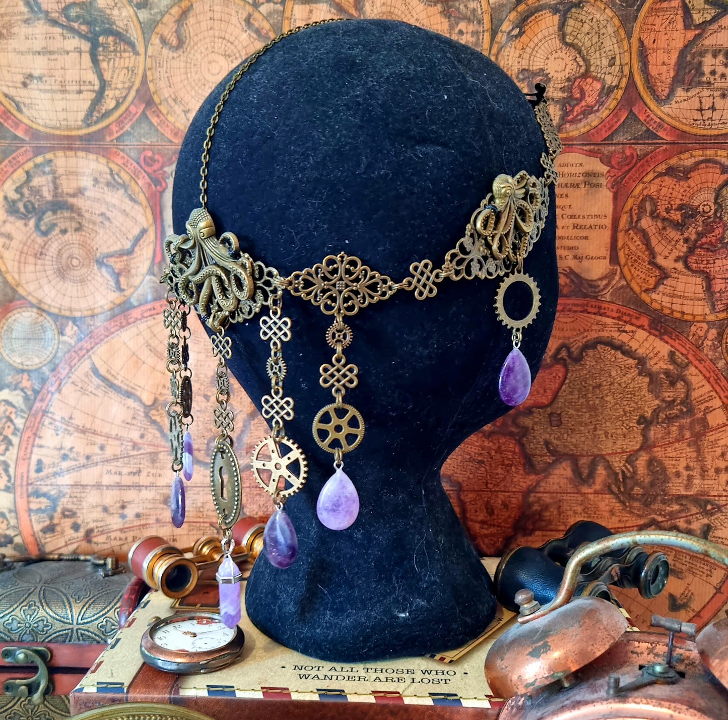 Cthulhu - Tiare Steampunk bronze, rouages, serrures et pieuvres, pierres d'améthyste - Les Rouages du Temps