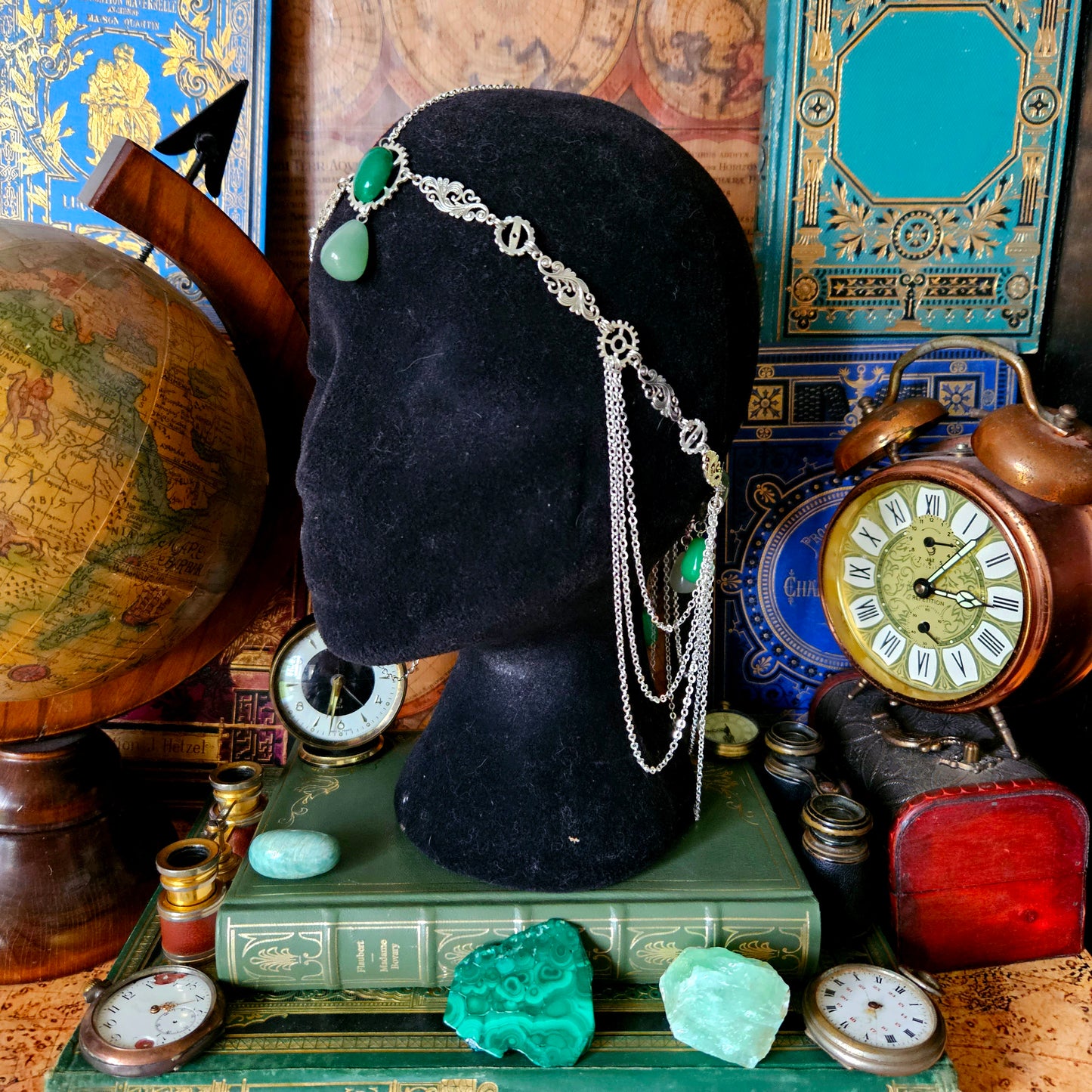Loki - Tiare Steampunk engrenages argentés et pierres aventurine et jade