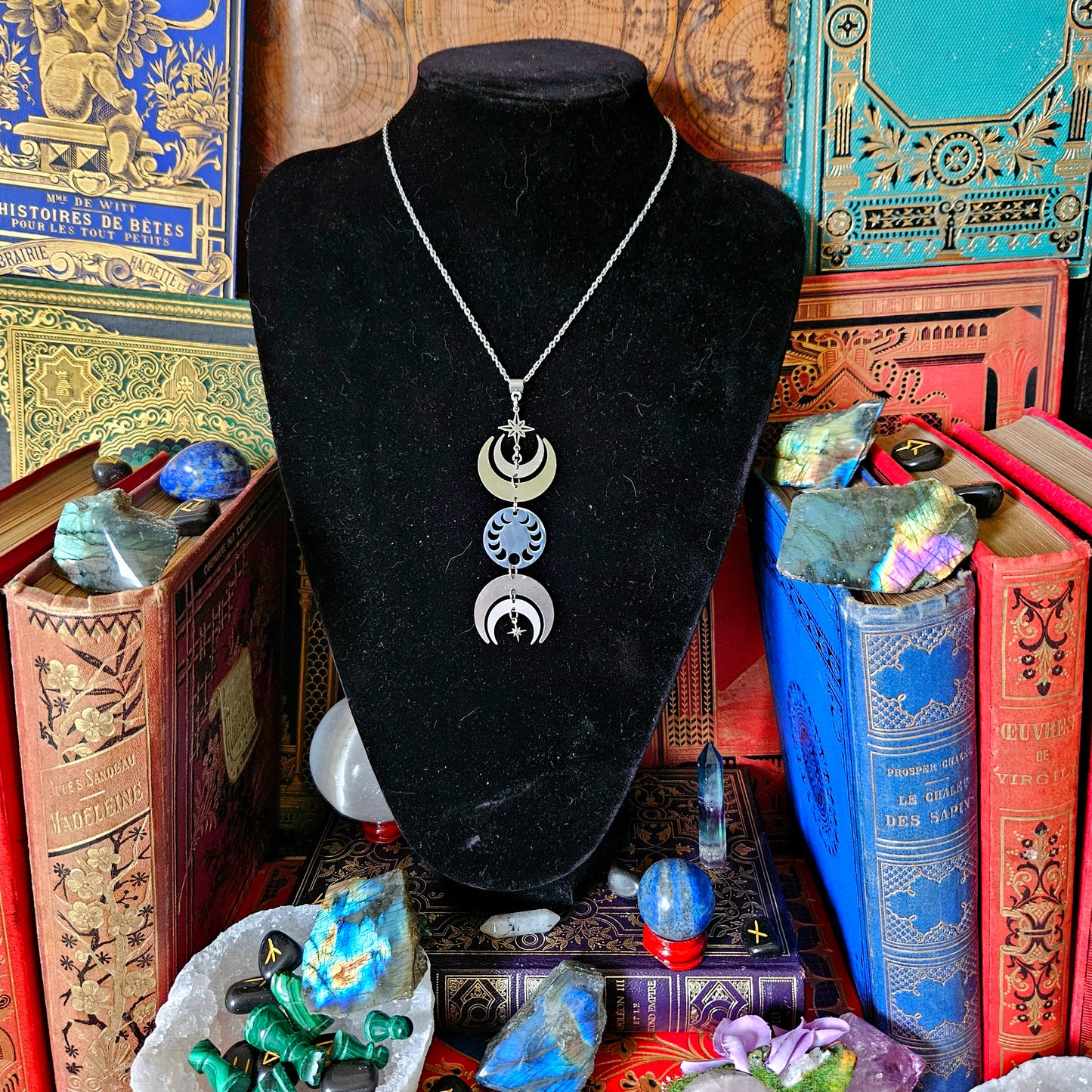 Hécate - Collier Wicca - ésotérique acier inoxydable triple lune / phases