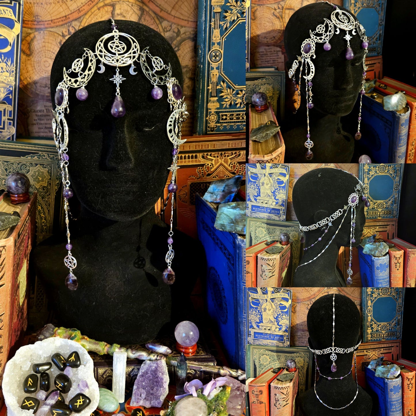 Hécate - tiare Wicca - sorcière - ésotérisme, argentée, lunes et pentagrammes, pierres d'améthyste - Les Rouages du Temps