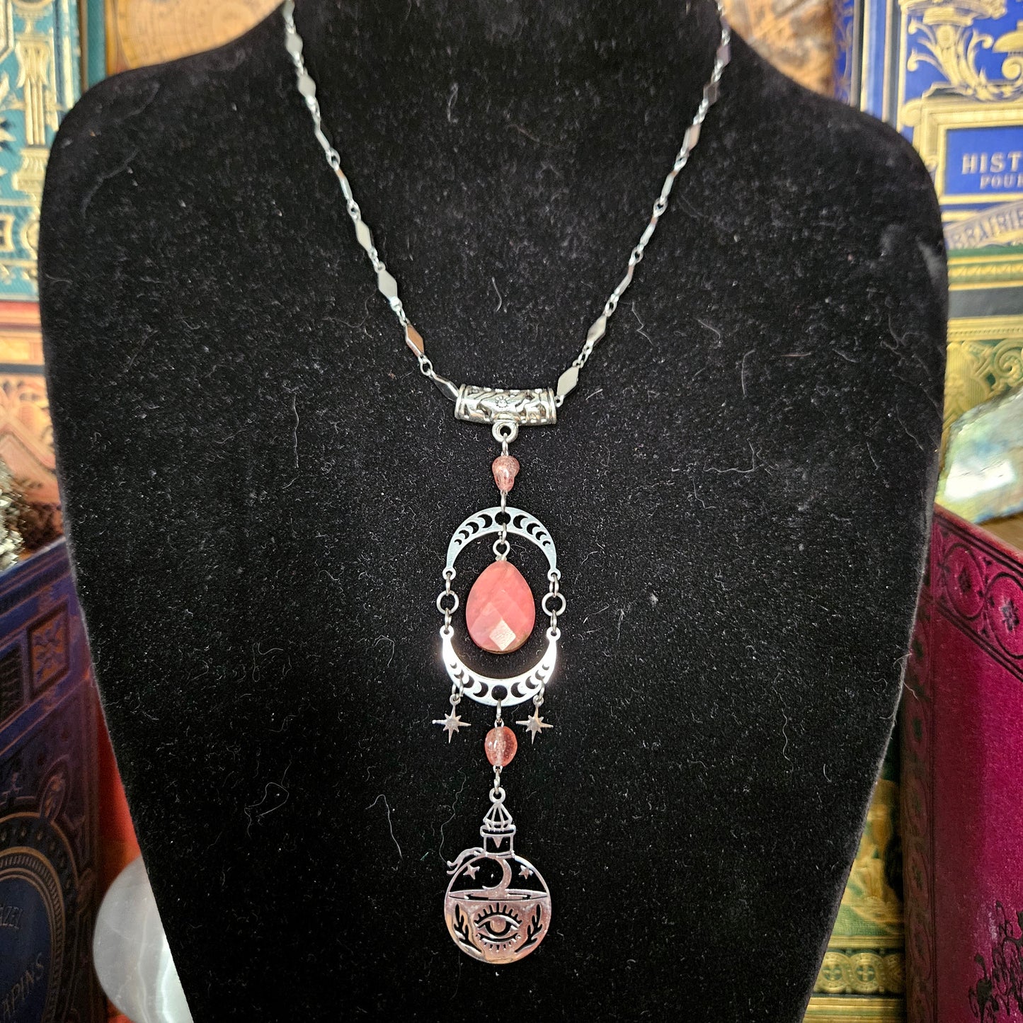 Circé - Collier sorcière - ésotérique acier inoxydable, lunes, étoiles, potion, pierres de quartz rose et rhodonite