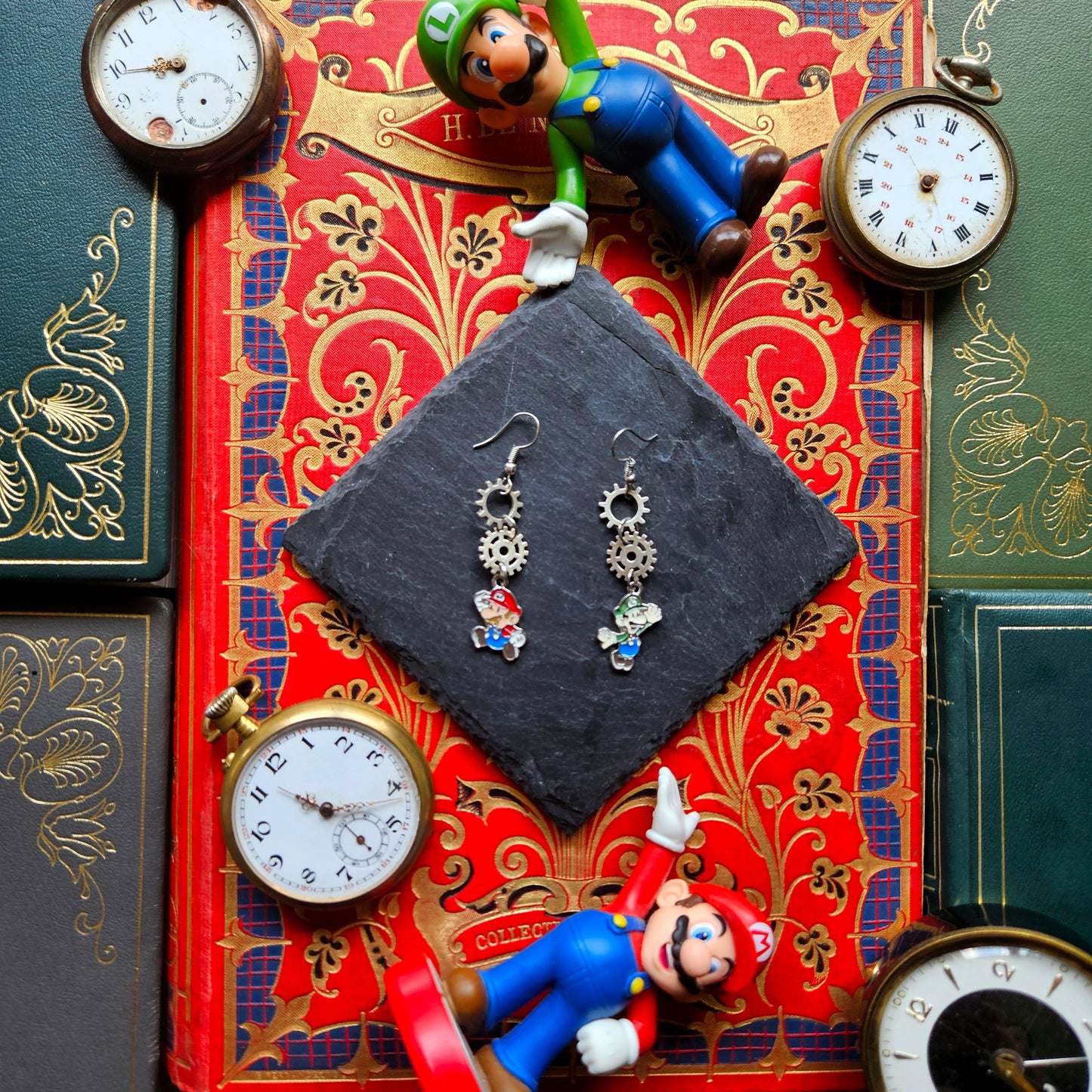 Mario - Boucles d'oreilles Steampunk engrenages argentés, Mario et Luigi - Les Rouages du Temps