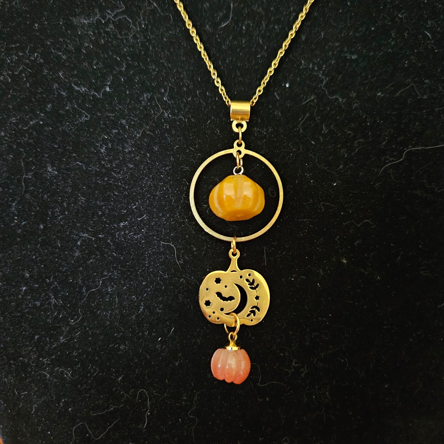 Samhain - Collier "Automne" citrouilles acier inoxydable et pierres de cornaline
