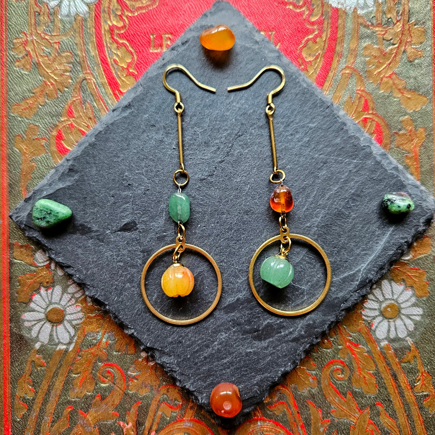 Samhain - Boucles d'oreilles "Automne - Halloween, acier inoxydable, citrouilles pierres de cornaline et aventurine - Les Rouages du Temps