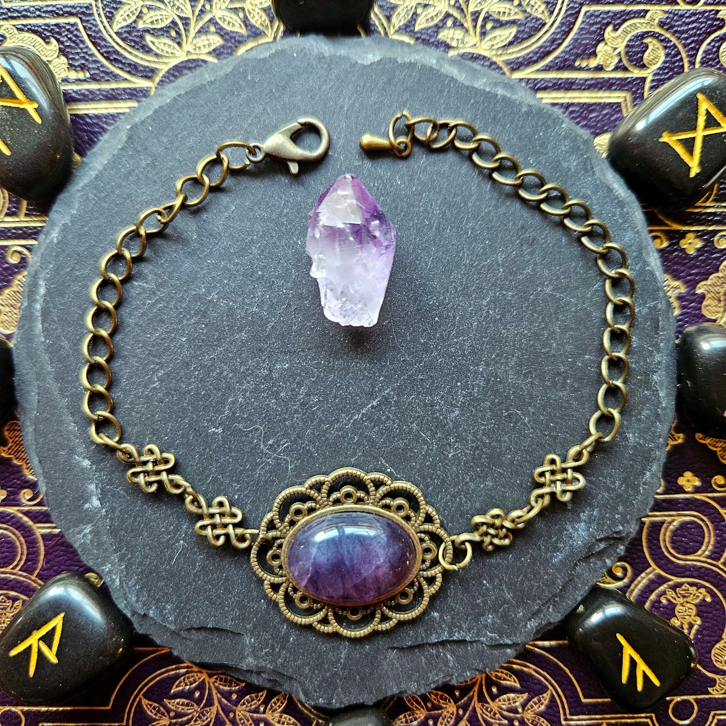 Mélusine - Bracelet médiéval noeuds celtiques bronze et pierre de fluorite