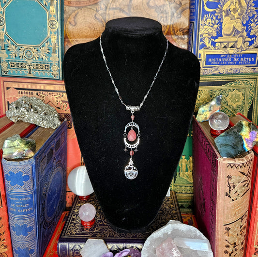 Circé - Collier sorcière - ésotérique acier inoxydable, lunes, étoiles, potion, pierres de quartz rose et rhodonite