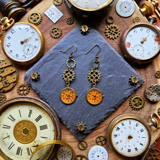 Chronos - Boucles d'oreilles Steampunk bronze engrenages et horloges - montres - Les Rouages du Temps