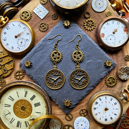 Chronos - Boucles d'oreilles Steampunk bronze engrenages et horloge - montre bronze - Les Rouages du Temps