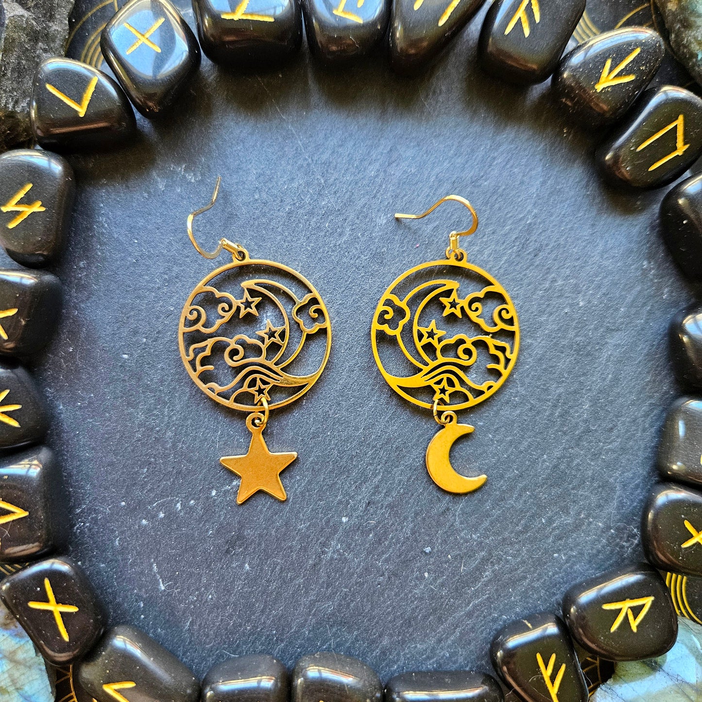 Ouranos - Boucles d'oreilles Wicca - ésotérique acier inoxydable ciel étoilé lune - Les Rouages du Temps