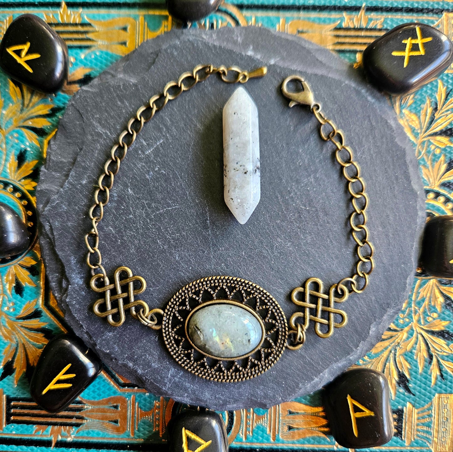 Nimuë - Bracelet médiéval - celtique bronze pierre de labradorite - Les Rouages du Temps