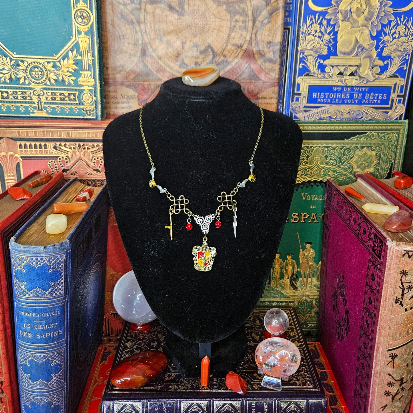 Gryffondor - Collier Harry Potter, vif d'or, balais, éclair bronze argenté