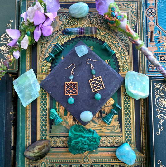 Mucha - Boucles d'oreilles Art déco - Art Nouveau acier inoxydable doré et pierres d'aventurine - Les Rouages du Temps