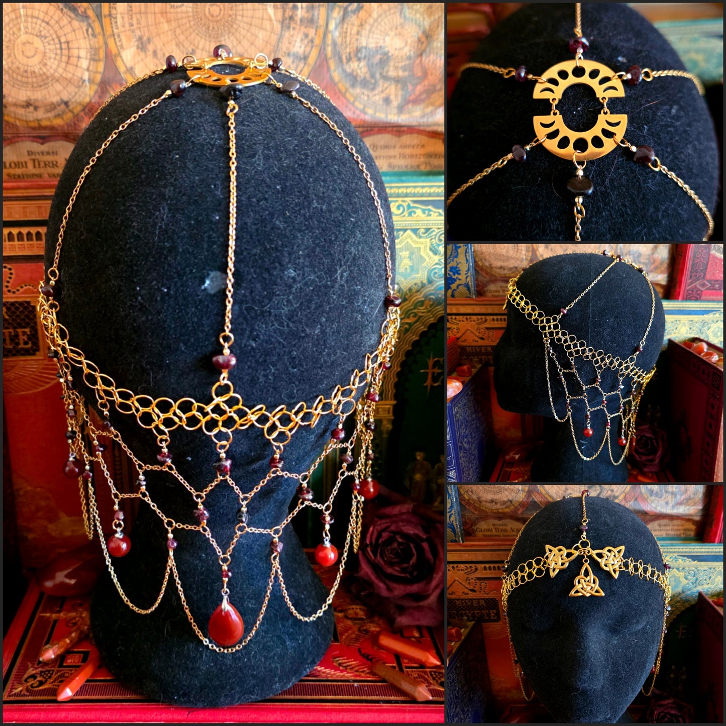 Aliénor - Tiare univers médiéval fantasy dorée acier inoxydable métal cotte de maille noeud celtique - pierres de grenat et cornaline - Les Rouages du Temps