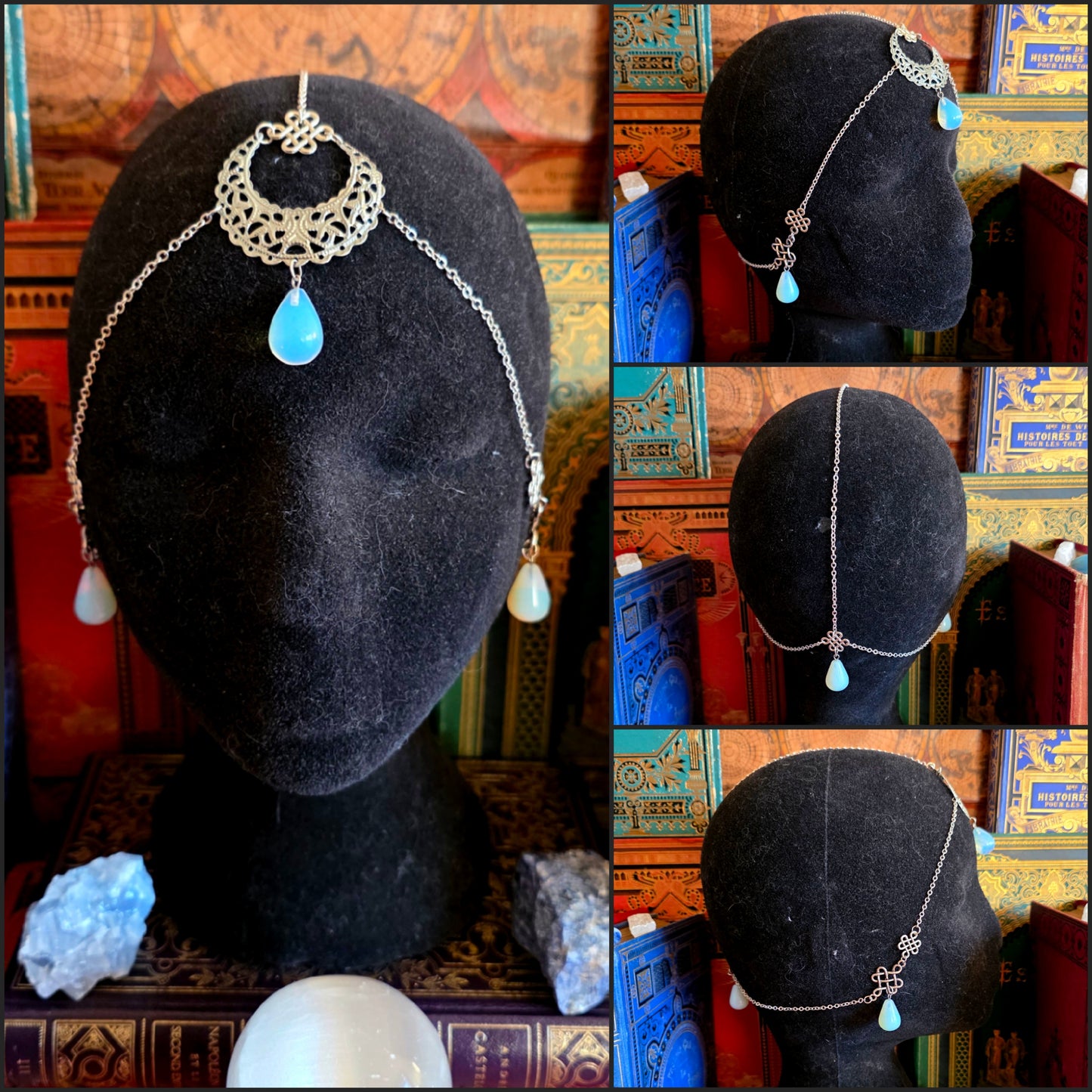 Séléné - Tiare lune et noeuds celtiques argentée - opalites - Les Rouages du Temps