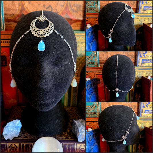 Séléné - Tiare lune et noeuds celtiques argentée - opalites - Les Rouages du Temps